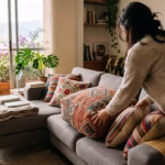 Persona acomodando un puff tapizado y cojines decorativos en una sala de estar