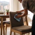 Persona limpiando con un paño suave el asiento tapizado de una silla en su hogar