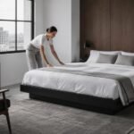 Mujer tendiendo la cama en un dormitorio moderno tipo loft con vista a la ciudad