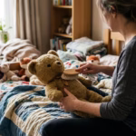 Persona sacudiendo con un paño suave un peluche grande sobre una cama, cuidado casero entre lavados profesionales